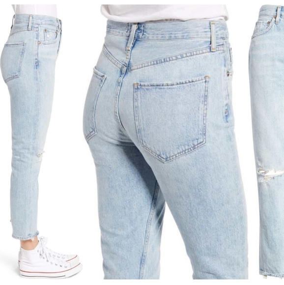 AGOLDE Riley Light Wash Distressed High Rise Straight Cropped Jeans - Picture 4 of 16